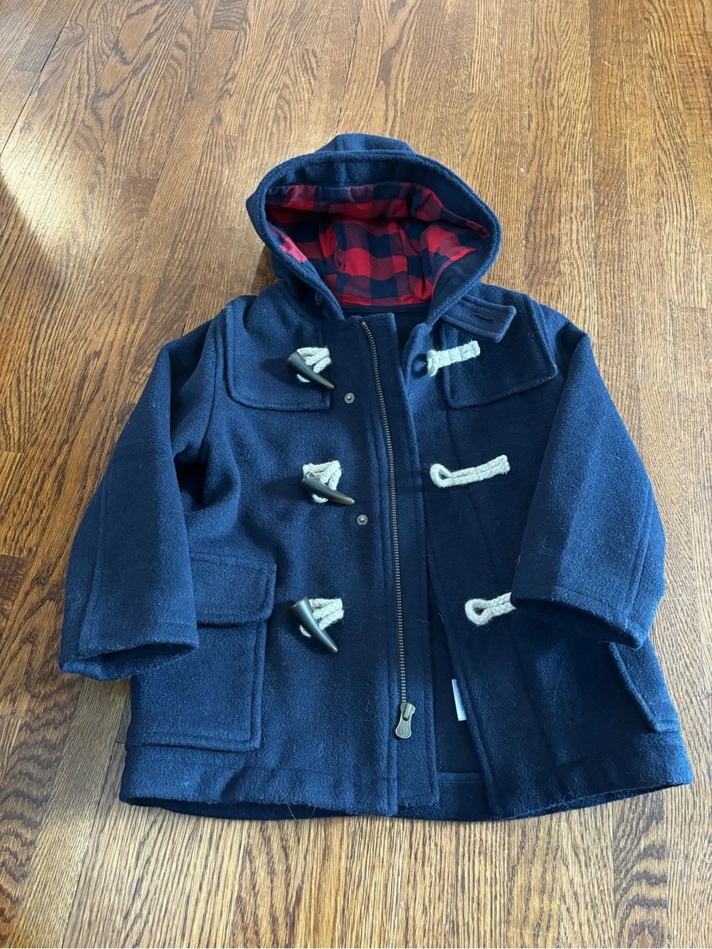 Baby GAP - Navy wool blend Pea Coat with Toggles and Red Plaid hood Lining